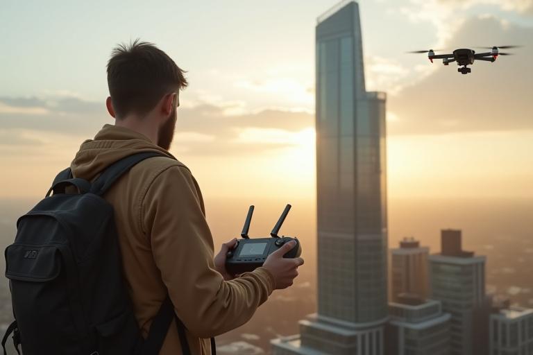 A Castluma photographer operating a high-end drone on location at a modern architectural site, capturing aerial views.