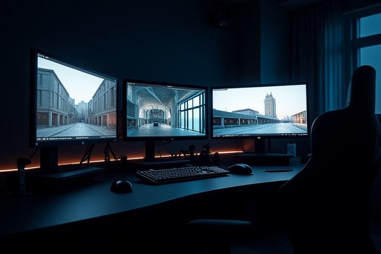 A modern, professional photography editing suite in Castluma's Manchester office, showing high-end monitors and precision equipment.