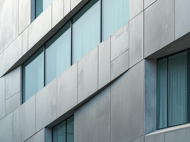 Detailed close-up of a modern building's facade, emphasizing material textures and geometric patterns.