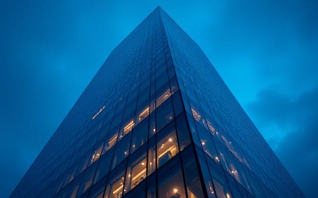 Modern commercial building exterior at dusk with warm interior lighting