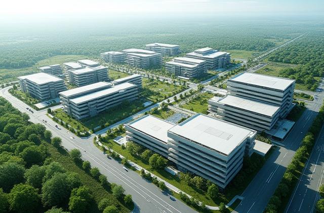 Aerial drone view of a large-scale modern development from an elevated perspective