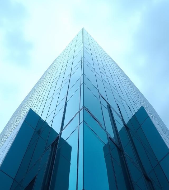 Dramatic low-angle view of a glass high-rise building with perfect perspective control