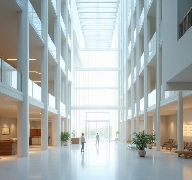 Expansive interior view of a modern atrium with natural light and geometric design