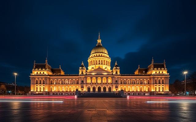 Dramatic night shot of a landmark building illuminated with striking lights