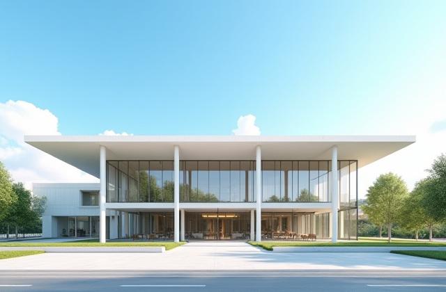 Sleek public library exterior on a sunny day