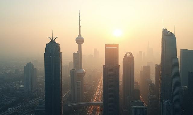 Wide urban landscape featuring contemporary architecture under a dramatic sky