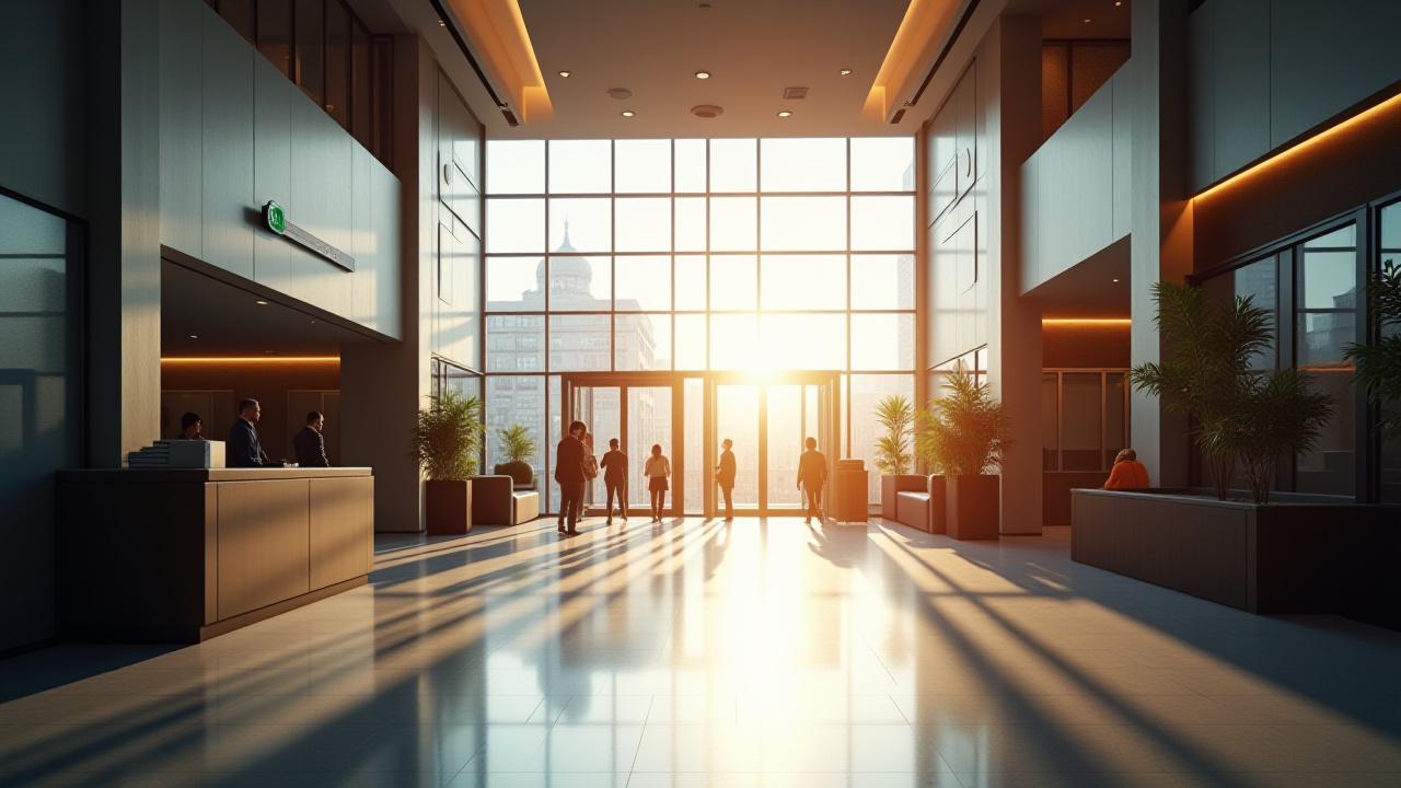 Stunning modern office lobby with natural light, representing commercial excellence.