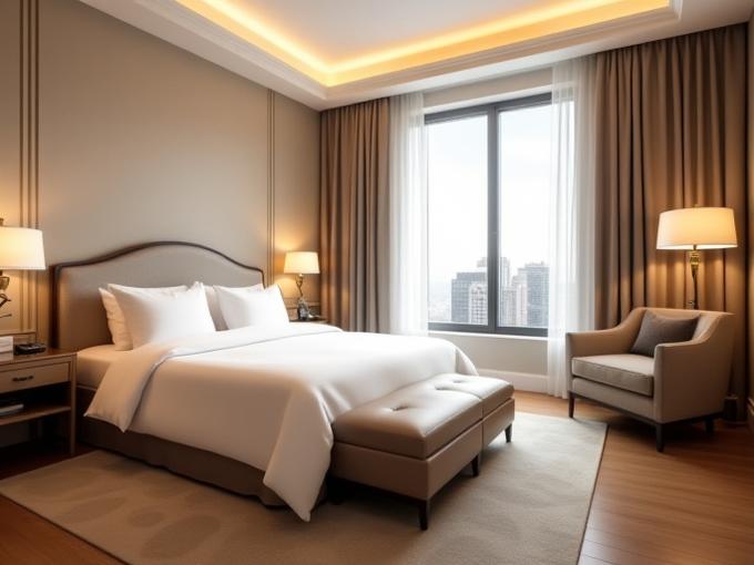 Elegant hotel guest room with modern amenities and comfortable furnishings