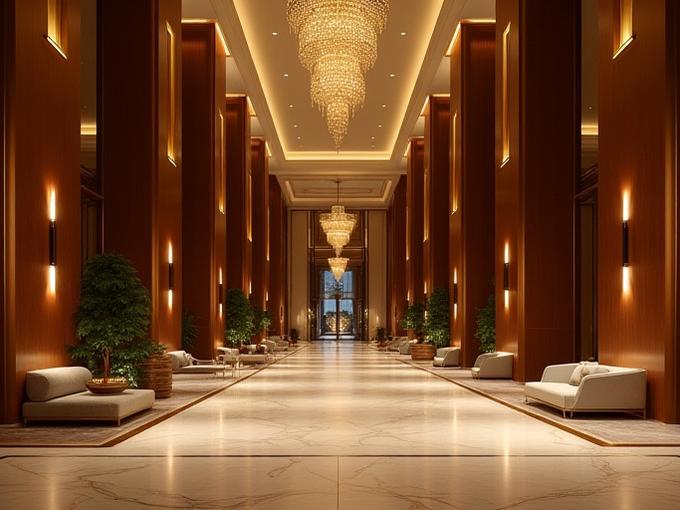 Luxurious hotel lobby with sophisticated decor and welcoming ambiance