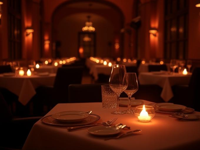 Fine dining restaurant interior showcasing exquisite table settings and warm lighting