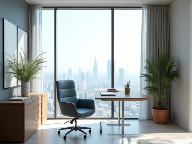Well-appointed private office with city views, promoting focus and productivity