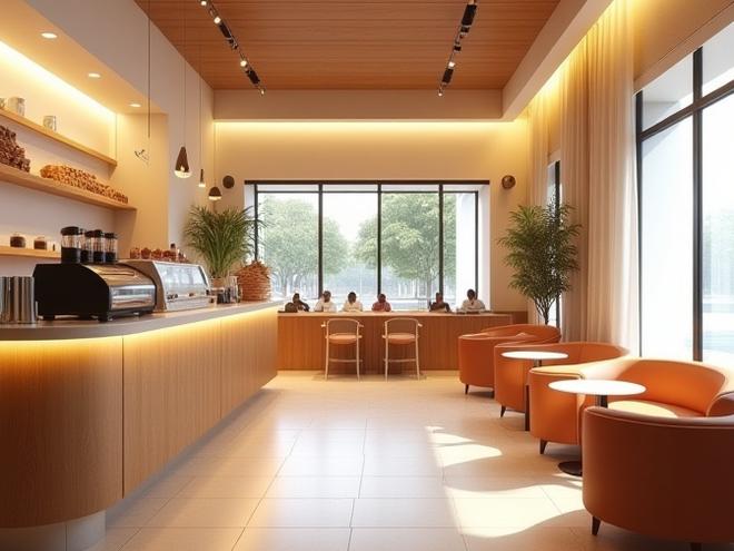 Chic cafe interior designed for relaxation and social interaction, showcasing beverages and pastries