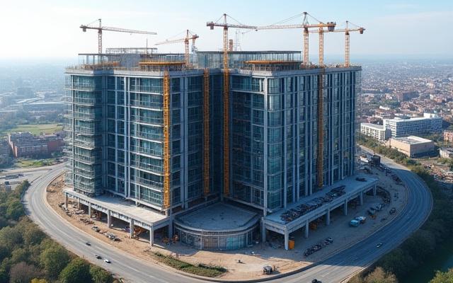 Aerial timeline sequence showing a construction site evolving from bare ground to a completed multi-story building.
