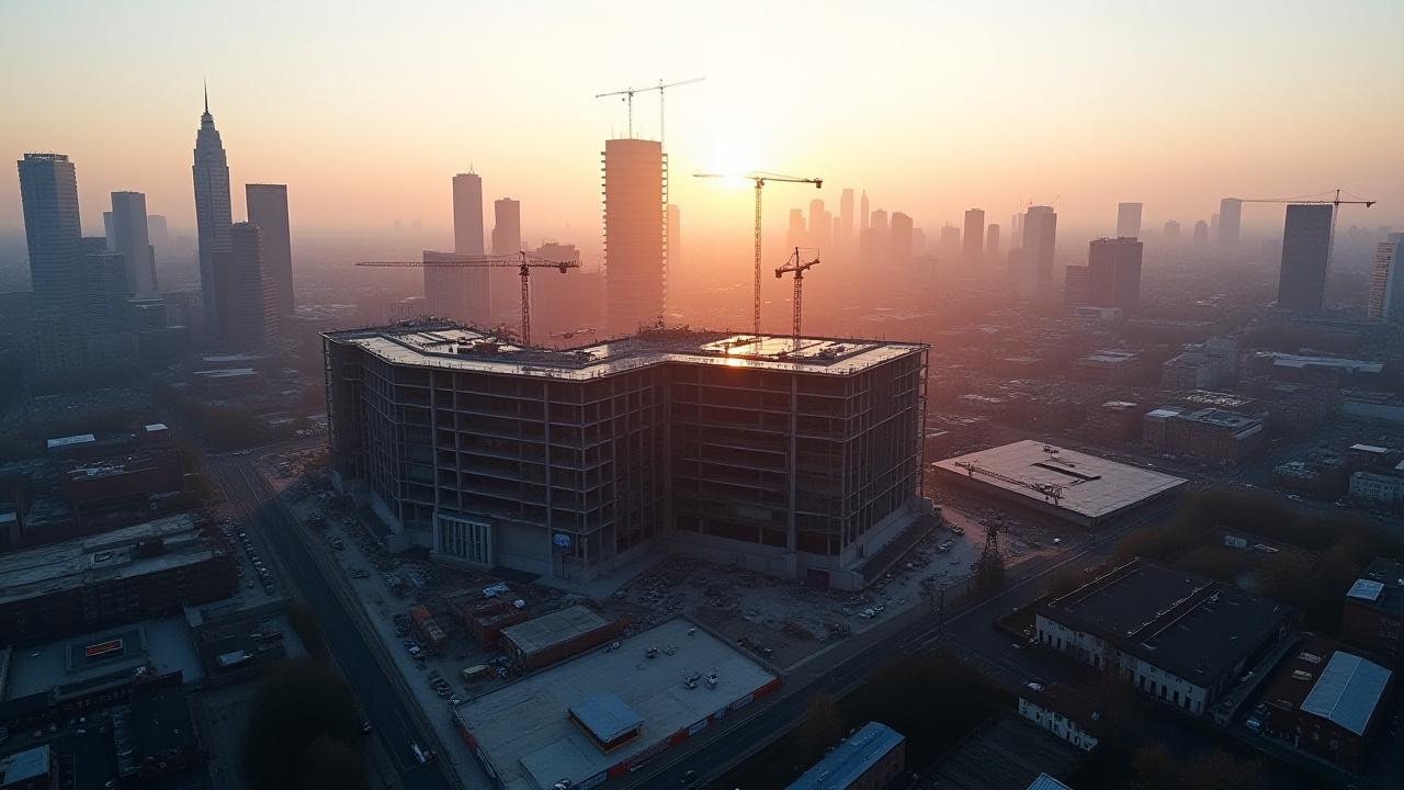 Panoramic aerial view of a construction site with a modern cityscape in the background, Manchester