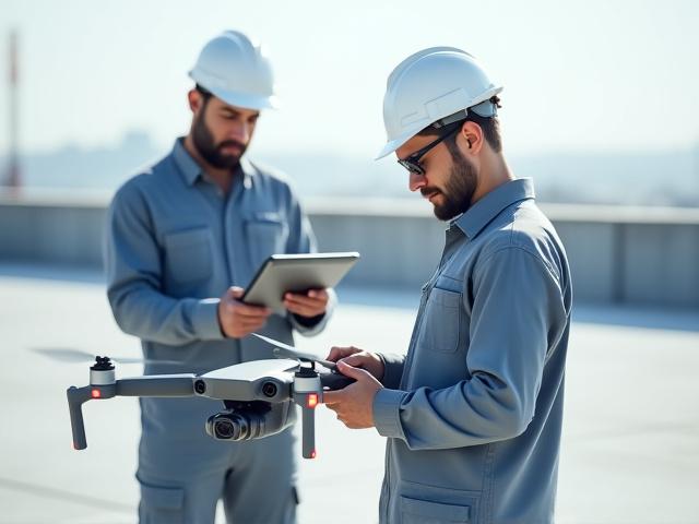 Professional drone pilot preparing a high-end commercial drone for flight, with safety gear and a checklist.