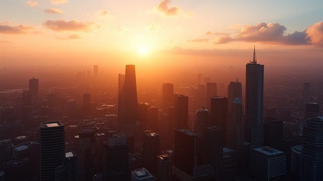 Thumbnail for video: Breathtaking drone shot revealing the Manchester cityscape at sunrise, with golden light illuminating architectural landmarks.