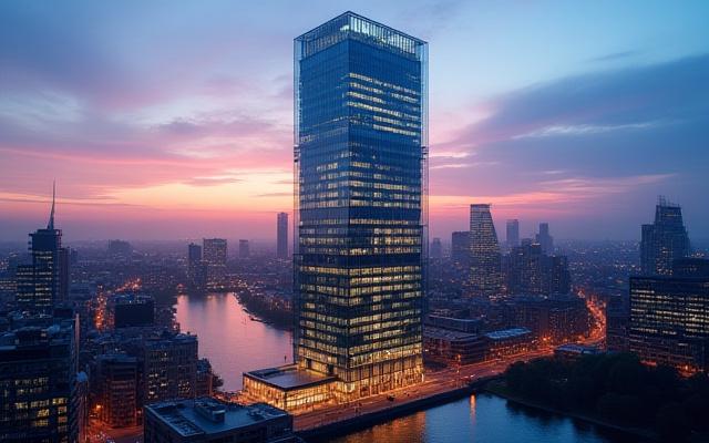 Stunning aerial 'money shot' of a newly completed, architecturally significant building under a dramatic Manchester skyline.