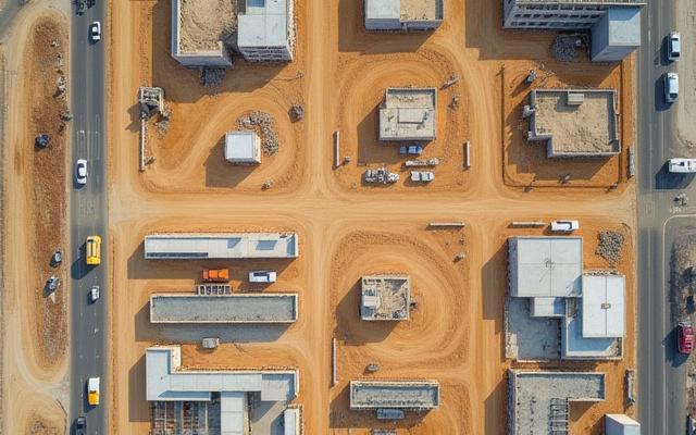 High-resolution top-down orthomosaic map of a large development site, highlighting property boundaries and infrastructure.