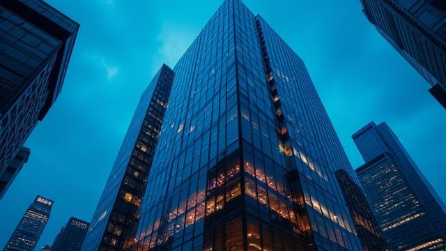 Thumbnail for video: Smooth aerial orbit around a newly completed glass skyscraper at dusk.