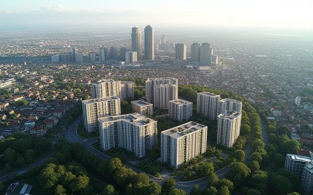 Wide aerial view of a new urban development nestled within the existing Manchester cityscape at sunrise, demonstrating contextual integration.