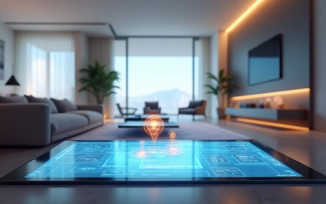 Immersive 3D virtual tour interface showing a modern apartment.