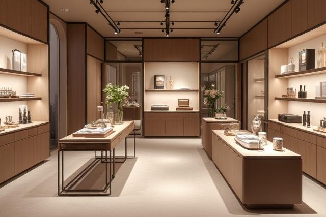 Chic boutique retail space displaying exquisite merchandise under focused lighting
