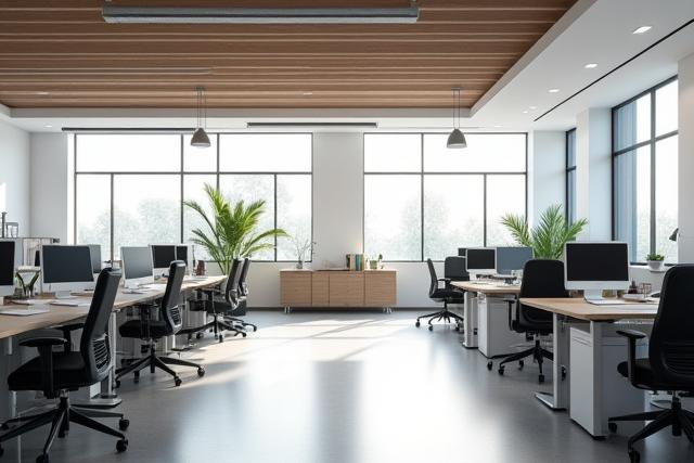 Modern, minimalist commercial office space with natural light filtering through large windows