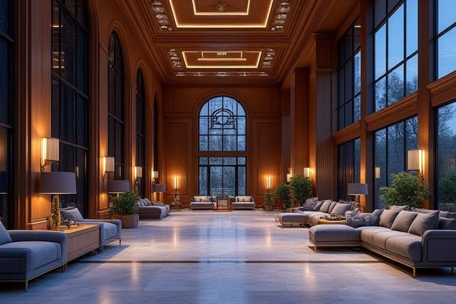 Grand hotel lobby with intricate architectural details, plush seating, and warm accent lighting