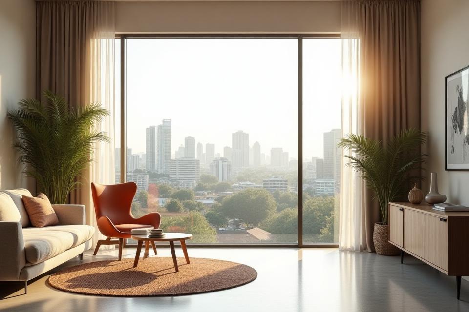 A perfectly exposed room with a large window, showing both interior details and the outdoor view in balanced light, demonstrating lighting expertise