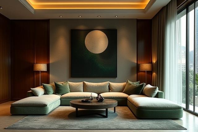 Luxurious residential living room with high ceilings, contemporary furniture, and ambient lighting