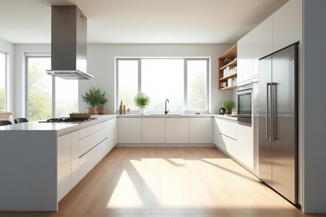 Modern kitchen with island, high-end appliances, and abundant natural light