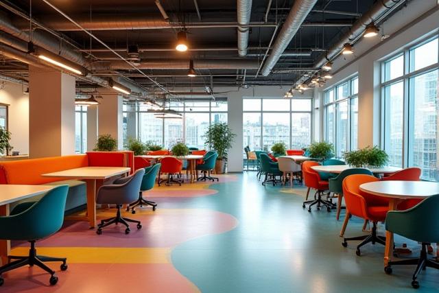 Vibrant startup co-working space with open plan seating and collaborative areas