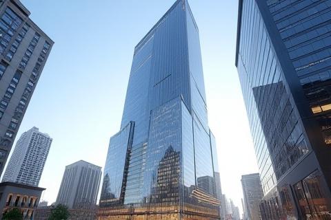 Photorealistic 3D render of a sleek commercial skyscraper exterior