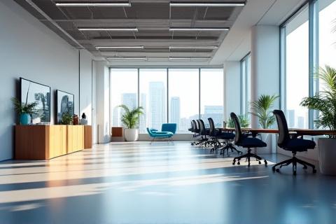 Photorealistic 3D render of a bright, modern commercial office interior