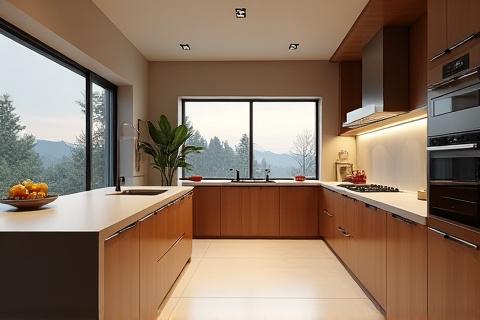 Photorealistic 3D render of a high-end modern kitchen interior