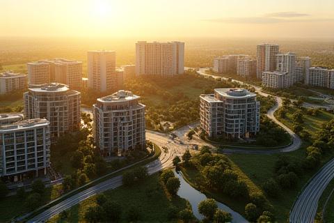 Photorealistic 3D render of a large-scale urban development project