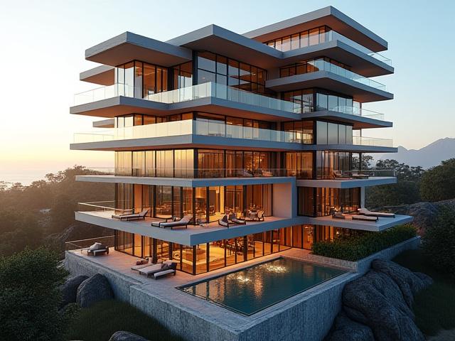 Photorealistic 3D rendering of a modern luxury building exterior