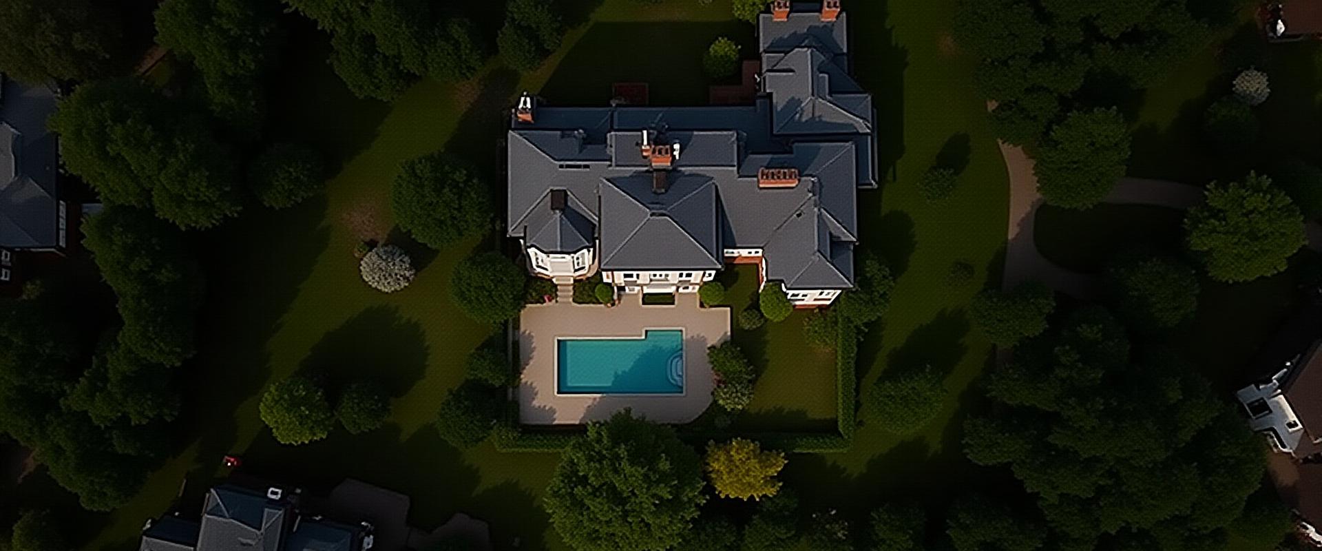 Stunning aerial drone shot of a large residential estate with green gardens and surrounding urban landscape in Manchester.