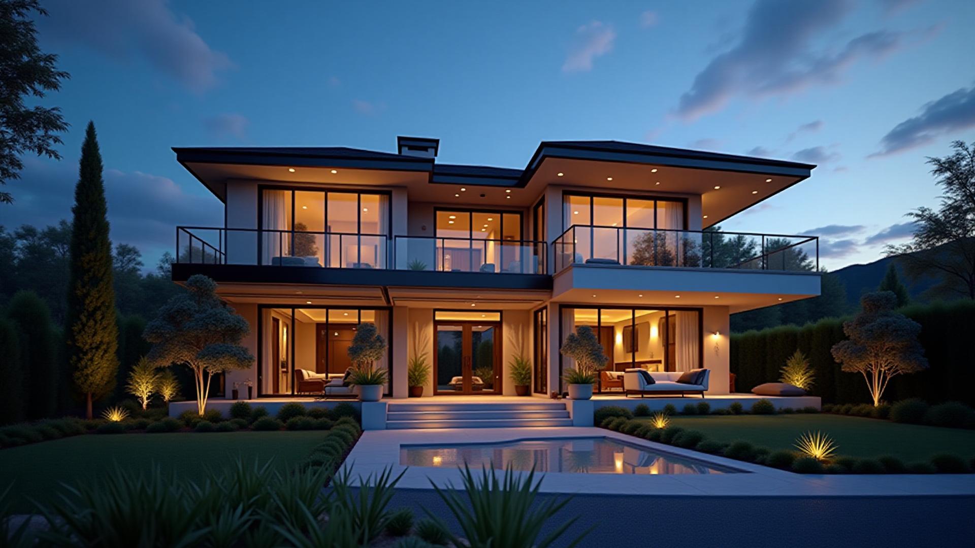 Stunning luxury home exterior at twilight with warm interior lights overlooking a landscaped garden. Real Estate Photography Manchester.