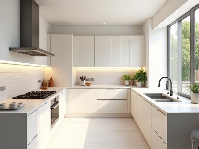 Crisp, well-lit, and wide professional photo of a modern kitchen, showcasing its features with accurate colors, taken by Castluma.