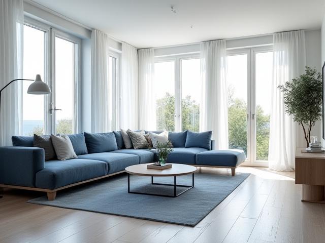 Bright, wide-angle professional photo of the same living room, clean and inviting, with expert lighting and composition by Castluma.