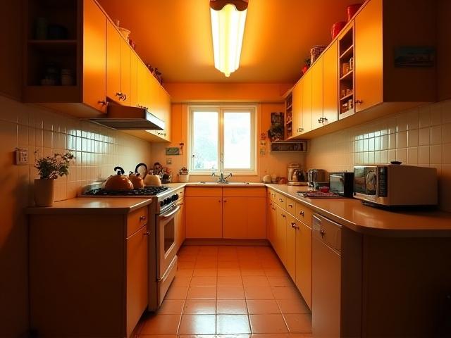 Dark, narrow, and color-cast phone photo of an average kitchen for an estate agent listing.
