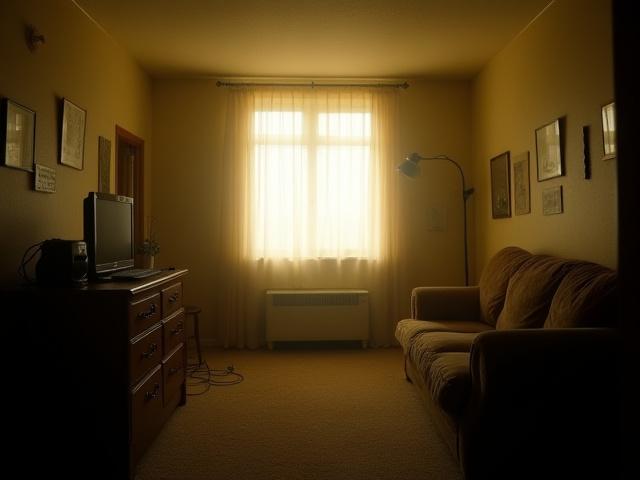 Poorly lit, crooked phone photo of a cluttered living room by an unprofessional home photographer.