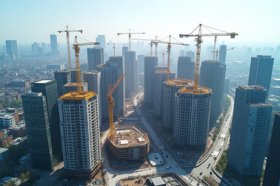 A high-angle drone shot showcasing the vast scale of a large urban development project under construction in Manchester, with multiple cranes, buildings in various stages, and surrounding city context.