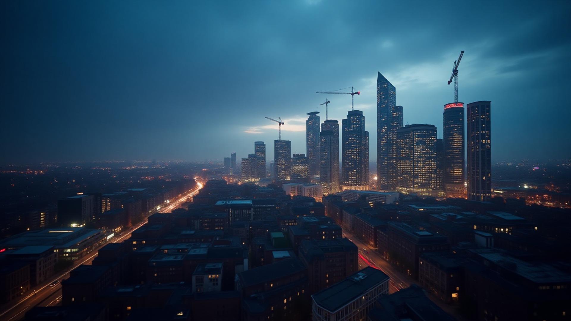 Panoramic view of Manchester city skyline with new, modern high-rise developments illuminated at dusk, integrating seamlessly with the existing urban fabric