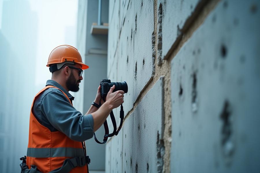 A Castluma photographer capturing intricate architectural details of a contemporary building facade during construction, with a focus on textures and human scale.