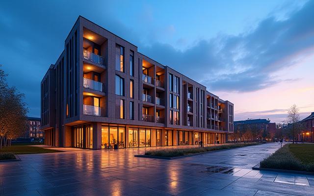 Stunning dusk photograph of a completed modern residential and commercial complex in Manchester, lights glowing, reflections in puddles on a newly paved square.