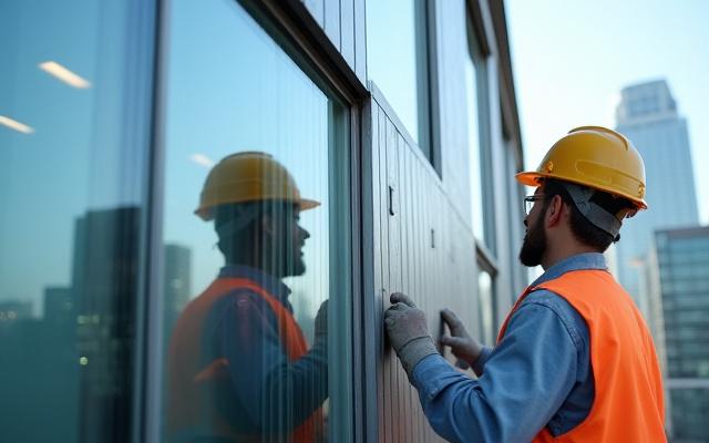 Close-up detail shot of modern glass and metal facade being meticulously installed on a new high-rise building in Manchester, showcasing precision craftsmanship.