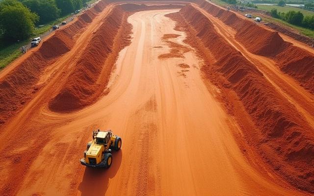 Drone shot of a vast construction site in Manchester, freshly cleared land with initial excavation work, showing red earth and early machinery.