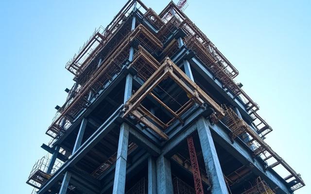 Detailed photo of a multi-story steel skeleton rising from a construction site in Manchester, workers visible, strong geometric lines against a blue sky.